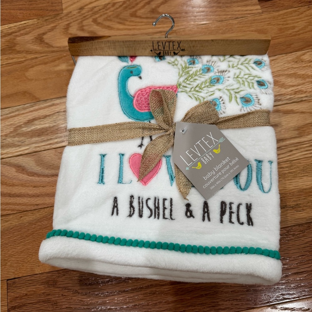 Levtex White Blanket with Pink and Teal Peacock (NWT)